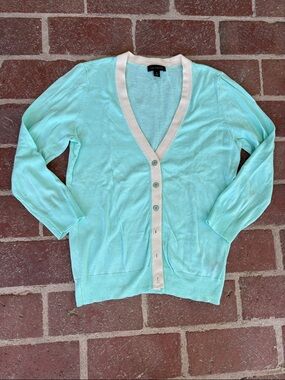 Express Mintish/ Aqua V-Neck Button-Up Cardigan with Cream Trim
